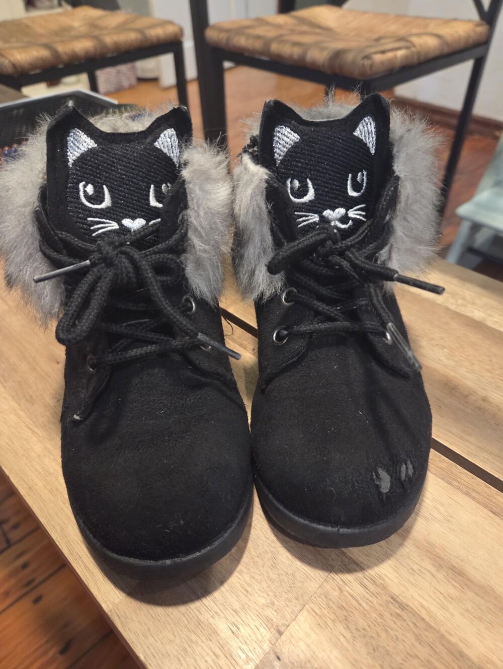 FabKids Black Cat Boots With Fur Trim 9c